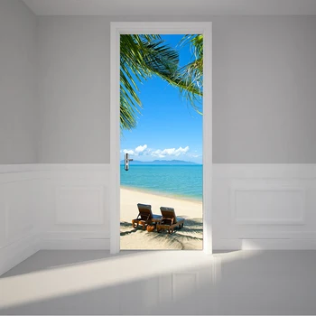 Custom Foto Tapetai Freskomis 3D Sea Beach View Mėlynas Dangus, Balti Debesys Paplūdimio Kokoso Medžių, Sienų Dažymas PVC Durys, Sienų Lipduko