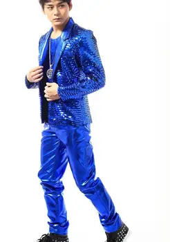Asmenybės Mėlyna Blizgančiais 1 Etapas mados vyras striukė trumpas kailis vyrų švarkai vyriški drabužiai, kostiumai, liemene ir kelnes