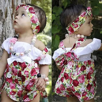 Vaikams Baby Girl Off Peties marškinėliai Topai +Gėlių Kelnės, Kombinezonai Lankelis 3pcs Komplektus Drabužių Nustatyti Vasaros Drabužių 0-4Y