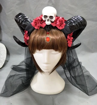 Ragų Lankelis Gothic Lolita Velnias Gėlių Ragai Headpieces Helovinas Kaukolė Šydas Šukuosena Cosplay Plaukų Aksesuarai