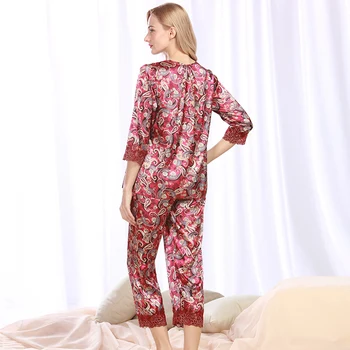 Moterų Šilko Satino Pajama Nustatyti Gėlių Pijama Feminino Nėrinių Pyjama Femme V-kaklo Sleepwear Nustatyti Pavasarį, Vasarą, naktiniai drabužiai Namų Drabužių