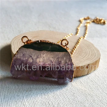 WT-N817 Didmeninės Gamtinių gabalas kristalų pusmėnulio ragų karoliai 24k aukso spalvos druzy pusmėnulio ragų violetinė krištolo karoliai