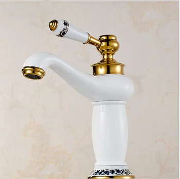 Nemokamas pristatymas Baltos spalvos aukso vonios maišytuvas su viena rankena, karšto šalto žalvario vonios kriaukle baseino facuets