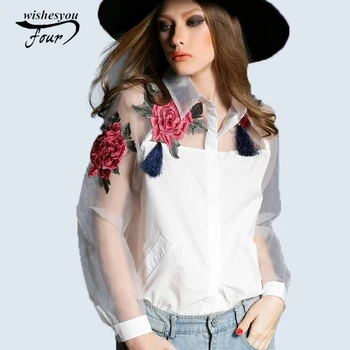 2017 naujų pavasario ir vasaros palaidinė blusa siuvinėtos gėlės organza ilgomis rankovėmis balti marškiniai, Juodos ir baltos moterys viršūnes 606B 28