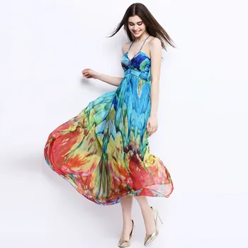 Moteriški Elegantiški Boho Suknelė Iki 2017 M. Vasaros Stiliaus Saulės Gėlių Gėlių Spausdinti Moterų Ilgų Atostogų Paplūdimio Suknelė Gryno Šilko Suknelė