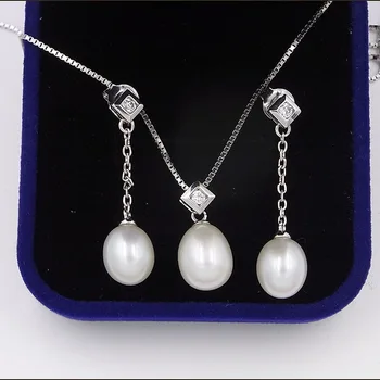 Gėlavandenių perlų bauda papuošalų rinkinį, kuriame yra Vėrinys ir Auskarai 925 sterlingas sidabro AAA gamtos perlai dia 7,5 mm-8mm mados dovanos