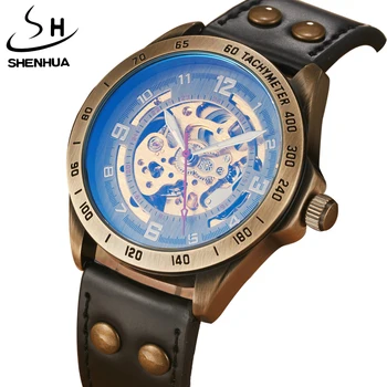 SHENHUA Top Brand Mens Mechaniniai Laikrodžiai Vyrams Retro Automatinė Skeletas Steampunk Odos Mechaninių Laikrodžių Prabangos Dovanos