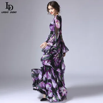 LD LINDA DELLA Naujas Mados 2016 kilimo ir tūpimo Tako Maxi Suknelė Moterų ilgomis Rankovėmis Derliaus Pakopų Tulip Gėlių Spausdinti Ilga Suknelė