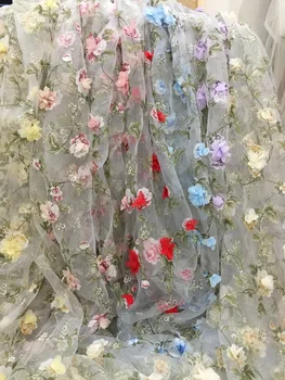 5 metrų 3D Organza nėrinių audinys su dulkių Rožinė 3D šifono rozetės gėlės appliques, vestuvių suknelė vestuvių suknelė audinys, kurį kiemas