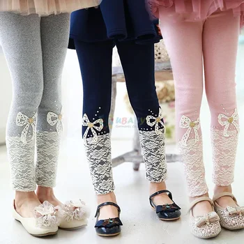 2018 m. Pavasarį korėjos Stiliaus vaiko Drabužių Mergaičių Kietas Nėrinių Lankas Baby Vaikų Gėlių Bowknot Vaikas Legging Kelnės Nėrinių Mergaičių Kelnės