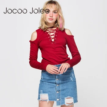 Jocoo Jolee Criss Cross užrišti Moterų Sexy Briaunoti T Marškinėliai Seksuali Giliai V-kaklo marškinėliai su nuo Peties Nėriniai Apkarpyti moterims