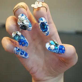 Naujas 24 vienetų Fantazijos Žavinga Mėlyna Vestuvių Manikiūras Diamond 3D Ilgai Netikras, klaidingas Akrilo Lipdukas Nagų Patarimas Su Klijais [N054]