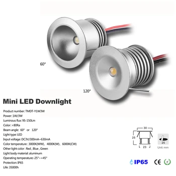 15vnt Mini 1W led downlight kabineto lempos 60D/120D skyle 25mm įėjimo srovė 3-3.4 V/300-350mA
