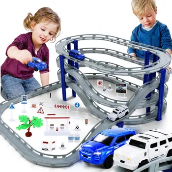 MylitDear Elektros Lenktynių Geležinkelių Automobilių Vaikai Traukinio Bėgių Modelis Žaislas Geležinkelio Bėgių Lenktynių Kelių Transporto Pastato Lizdą, Žaislų Rinkiniai