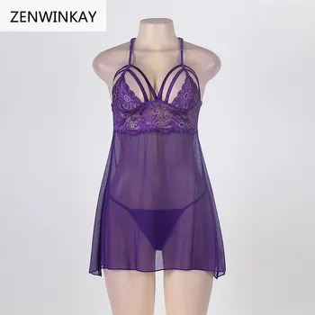 2018 Moterų Sexy Nėrinių Pižamą Violetinė Nightdress Matyti Per Sleepwear Ponios Thong Plus Size apatinis Trikotažas naktiniai drabužiai XL M 3XL 5XL