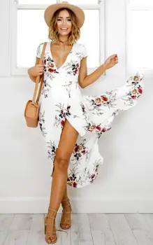 2018 Nauji moteriški Drabužiai Boho Paplūdimio Vasaros Ilga Suknelė Baltos spalvos Gėlių Spausdinti V Kaklo Ritininės Tinka ir Blyksnius Suknelės Atsitiktinis Vestidos