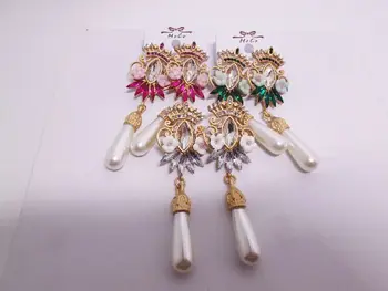 Mados Baroko karalienės Aukso Lydinių Retro Perdėti spalvinga Crystal Pearl Ilgai pearl Karūna Kryžiaus Auskarai Vestuviniai Papuošalai Moterų