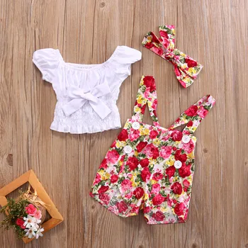 Vaikams Baby Girl Off Peties marškinėliai Topai +Gėlių Kelnės, Kombinezonai Lankelis 3pcs Komplektus Drabužių Nustatyti Vasaros Drabužių 0-4Y