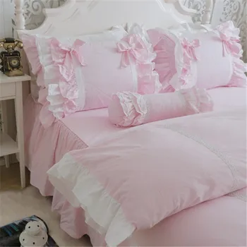 Naujas prabangus sluoksnių patalynės komplektas saldus princesė lankas pynimas antklode padengti vestuvių patalynė rožinės spalvos paklode mergina kūdikių lova sijonas padengti