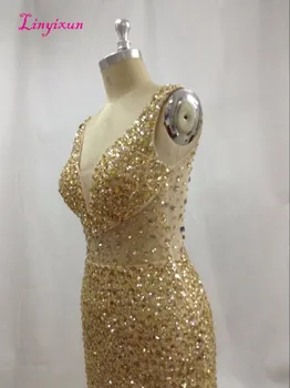 Linyixun Prabangus Šampanas Undinė Prom Dresses 2017 Blizga Kalnų Krištolas Kristalų Užsakymą Oficialią Vakaro Suknelės Ilgio Šalis Suknelė