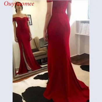 2017 Naują atvykimo Off peties seksualus raudoną vakarinę suknelę brangioji iškirpte linija pusėje ritininės ilgos satino bridals šalis suknelės