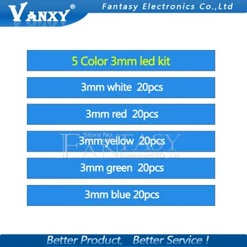 5Colors*20PCS=100VNT 3mm LED diodų Šviesa Asorti Rinkinys Balta Geltona Raudona Žalia Mėlyna komponentas 