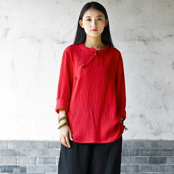 Kinų stiliaus Medvilnės ilgomis rankovėmis Moterų Palaidinė Marškinėliai Rudenį Tvirtą Raudona Balta Atsitiktinis Palaidinė Derliaus Originalaus dizaino Marškinėliai Topai B140