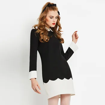 Sisjuly derliaus 60s suknelė rudenį juoda balta turn-žemyn apykaklės kelio ilgis linija, trumpas mados moterų ilgomis rankovėmis vintage suknelė