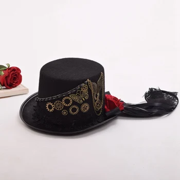 Moterų Gothic Lolita Cosplay Raudona Rožė, Pavarų Grandinės, Juoda Viktorijos Steampunk Top Hat