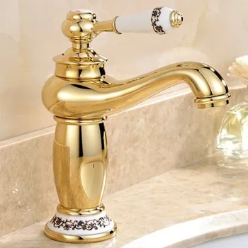 Nemokamas pristatymas Baltos spalvos aukso vonios maišytuvas su viena rankena, karšto šalto žalvario vonios kriaukle baseino facuets