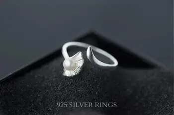 PANELE, tikrai. 925 Sterling Silver lEAF Jingko su baltos spalvos gėlavandenių perlų Žiedas papuošalai reguliuojamas GTLJ1114