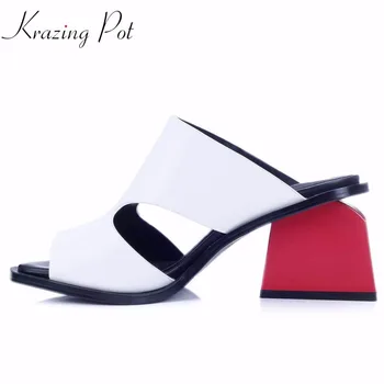 2018 Naujus natūralios odos aikštėje peep toe paslysti ant mados mulų moterų sandalai raudonos spalvos aukštakulnius maišyti spalvas vasaros priežastinis batai L23
