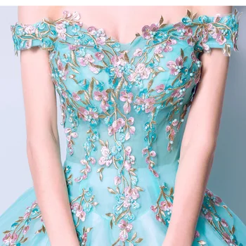 Turkis Mėlynas Vakaro Suknelės Gėlių Siuvinėjimas Pearl Kamuolys Suknelė nuo Peties Oficialią Suknelės Ilgio Šalis Suknelė Realios Foto 2018
