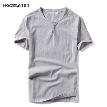 Vasaros 2018 mens lino marškinėliai Atsitiktinis Tiesiai Kietas Tees apvalios kaklo trumpomis Rankovėmis Mygtukai marškinėlius Vyrams Kinų stiliaus prekės ženklo viršų