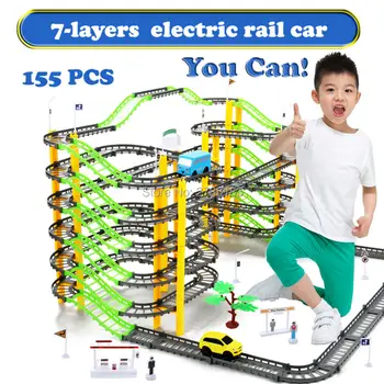 155PCS/Set 7-Sluoksnių Elektrinių, Geležinkelių, Automobilių Pasukimo Pastato Modelio Komplektas Traukinio Bėgių Lizdas Žaislas Kūdikiui Švietimo Lenktynių Orbitoje Automobiliai