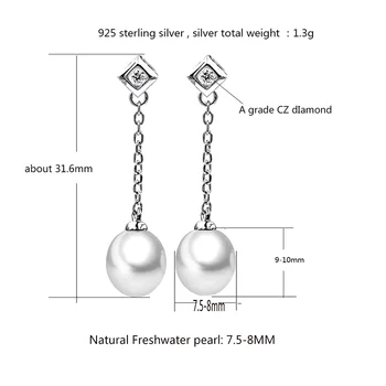 Gėlavandenių perlų bauda papuošalų rinkinį, kuriame yra Vėrinys ir Auskarai 925 sterlingas sidabro AAA gamtos perlai dia 7,5 mm-8mm mados dovanos
