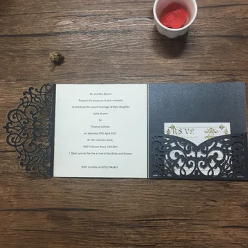 50sets Lazerio pjovimo juodas elegantiškas kvietimas kortelės spausdinimas su kišenėje elegantiškas rankų darbo vestuvių kvietimai su apgaubti