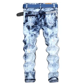 Vyrų mados Slim Splash skyle tiesiai džinsai, Ilgos kelnės Hip-Hop kelnės šviesiai mėlynos kratinys spausdinti kankina denim džinsai kelnės