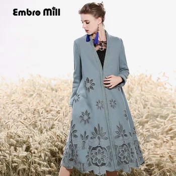 High-end žiemos tranšėjos paltai moterims derliaus Elegantiškas Gėlių vilnos, siuvinėjimo prarasti lady blue Kalėdų paltas moteriška M-XXXL