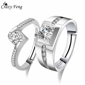 Crazy Feng 2VNT CZ Kristalų Sužadėtuvių Žiedas, Skirtas Moterims, Vyrams, Sidabro Spalvos Reguliuojamo Geometrinis Cirkonis Pora Žiedus Vestuvių Papuošalai