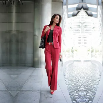 Raudonas Dryžuotas audinys 2 dalių rinkinys moterims oficialų ziajać kostiumai vestuvėms moterų office vienodas verslo kostiumas ponios ziajać kostiumai