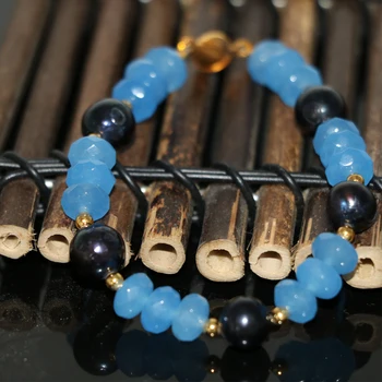 Originalus dizainas blue stone chalcedony vienas abacus 5*8mm granules, gamtos black pearl 8-9mm apyrankes moterims, papuošalai 7.5 colių B2959