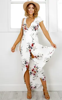 2018 Nauji moteriški Drabužiai Boho Paplūdimio Vasaros Ilga Suknelė Baltos spalvos Gėlių Spausdinti V Kaklo Ritininės Tinka ir Blyksnius Suknelės Atsitiktinis Vestidos