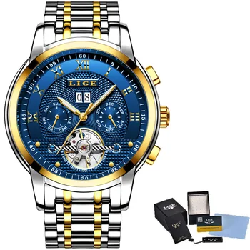 LIGE 2017 naujas vyrų watch top brand prabangių Verslo Automatinė Mašinų vyriški Laikrodžiai visiškai plieno, atsparus vandeniui žmogus laikrodis+watchs dėžutę
