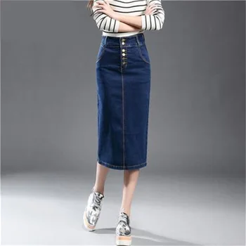 Pavasarį ir rudenį ilgai skyriuje aukštos elastinga sijonas paketo klubo padalinta didelio dydžio aukštos juosmens džinsinio audinio sijonas krūtinė