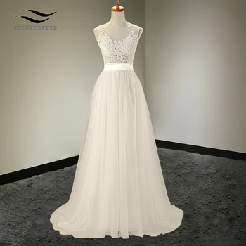 Tiulio Grindų-Ilgis-line O-Kaklo Vestuvių suknelė su Varčios Rankovių Nėrinių ir Mygtuką Nuotakos Suknelė Užsakymą Nekilnojamojo Nuotraukos SL-W111