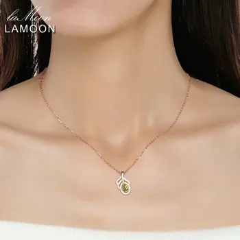 LAMOON Gryno Sidabro Karoliai S925 Fine Jewelry Rose Auksą, Padengtą Klasikinis Lapų Nepriklausomo Karoliai Natūralus, Ekologiškas Olivīns NI058