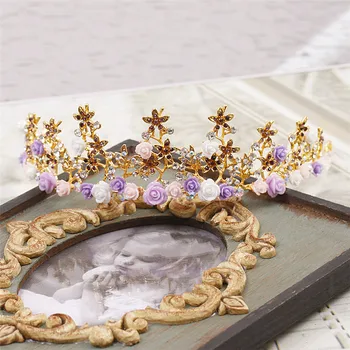 Nuotaka rožančiai Violetinė Spalva Rausva ceremic gėlių kalnų krištolas princesė Rožančiai ir vainikai, vestuvių plaukų aksesuarai
