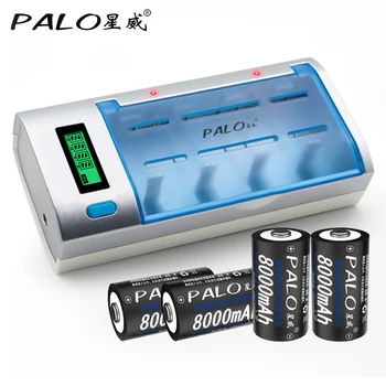 PALO C906W LCD Ekranas Smart Pažangi Baterijų Įkroviklis AA/AAA/SC/C/D/Dydis 9V Baterijos su 4pcs 8000mAh D Dydžio Baterijos