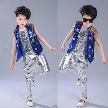 Vaikai Blizgučiais Hip-Hop Komplektus Merginų Džiazo Bakstelėkite Šokių Viršūnes+Kelnės Berniukui Vaikų Šokių Etape dėvėti Šokių Grupė Dancewear Kostiumai